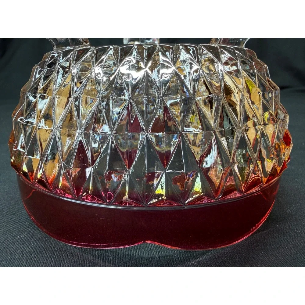 Vtg Ruby Red Flash Clear Diamond Point Pattern Footed Glass Bowl Scalloped Edge